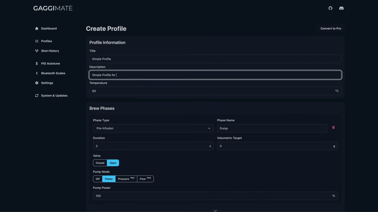 Gaggimate's profile editor with a temperature setting, brew phase, duration and pump-mode controls
