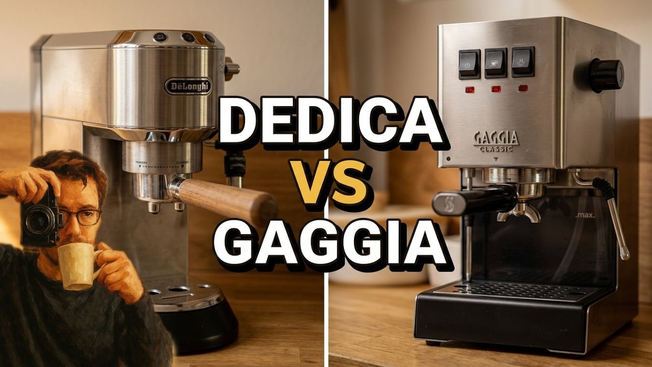 DeLonghi Dedica and Gaggia Classic side by side on a kitchen counter