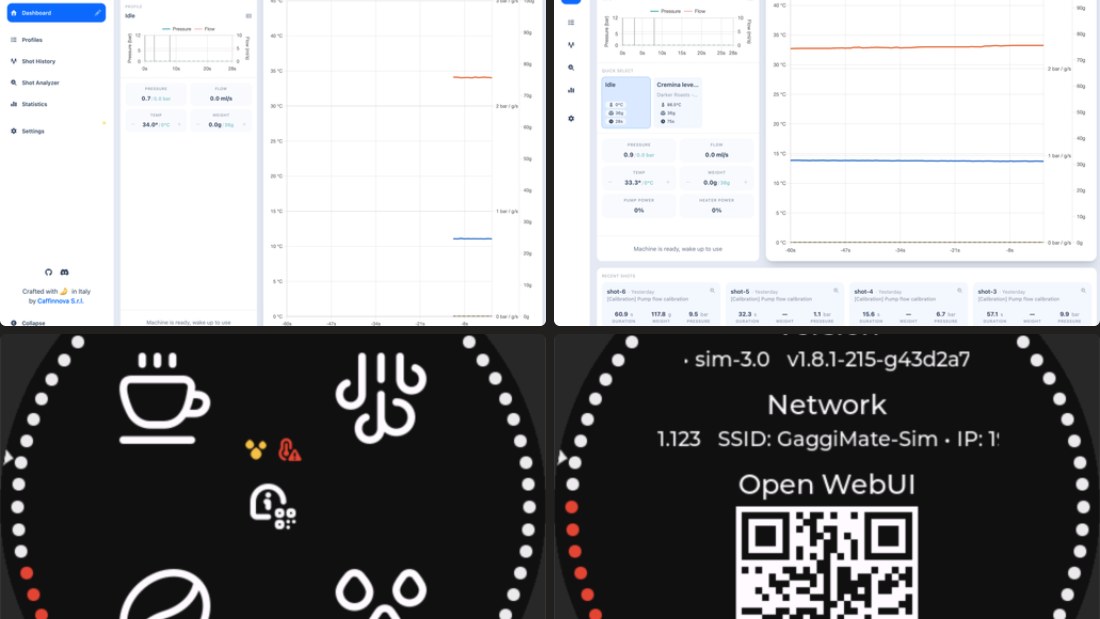 Gaggimate 1.9 web dashboard with temperature and pressure charts above the round display showing the new warning icon and the Open WebUI QR code