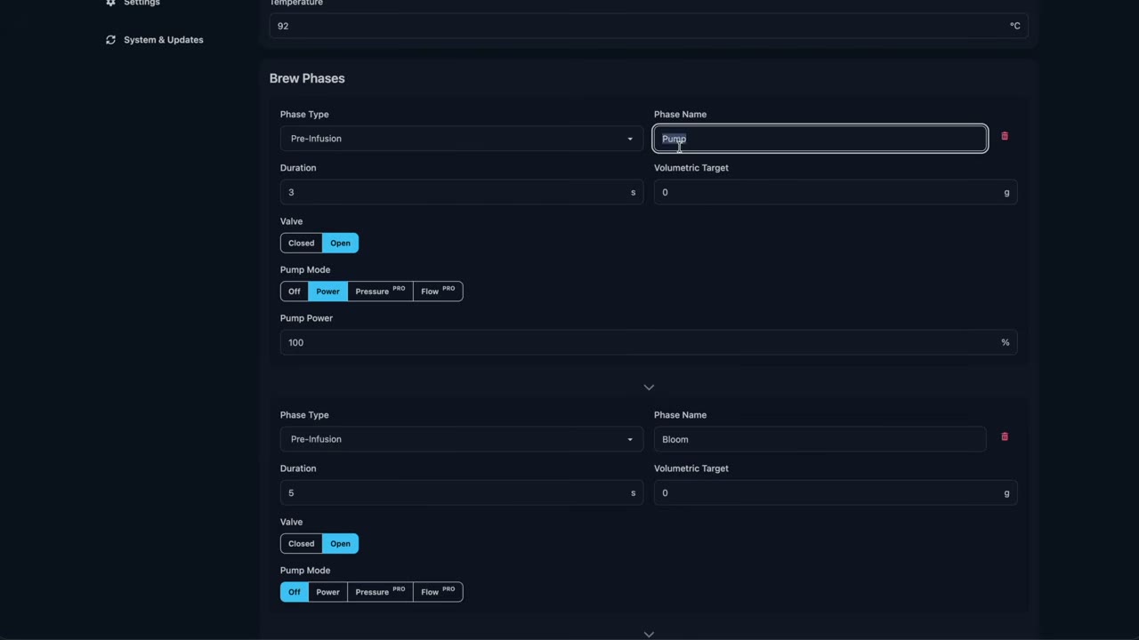 Brew phases in the Gaggimate profile editor, showing pump and bloom settings