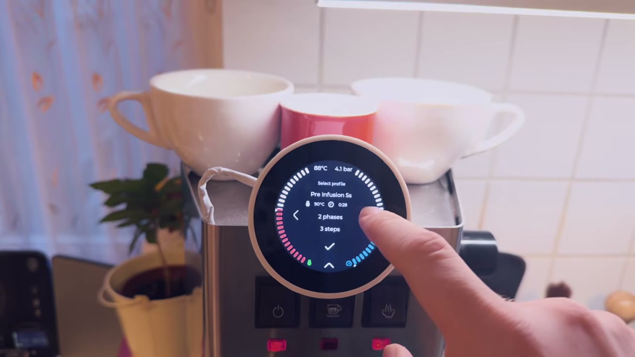 Selecting a brew profile on my Gaggimate display, a frame from the six-month review