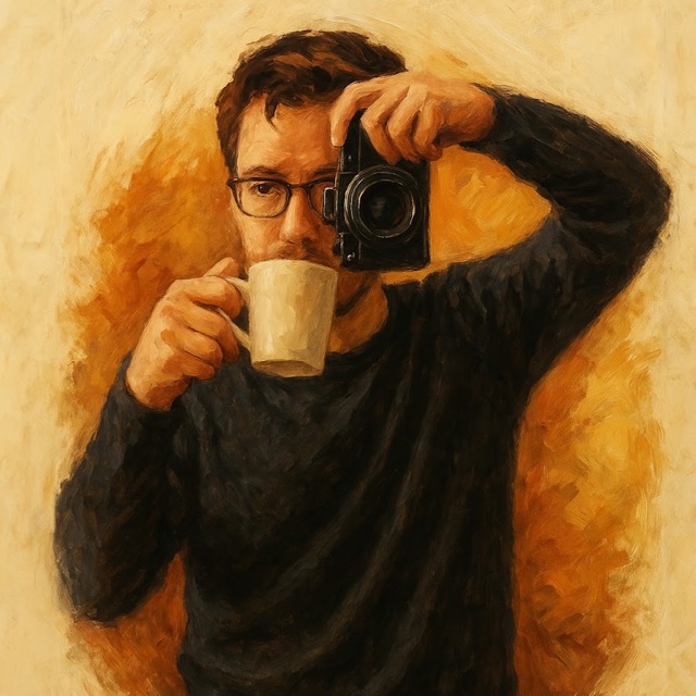 Gemaltes Porträt von Xris, der aus einer Tasse trinkt und dabei fotografiert